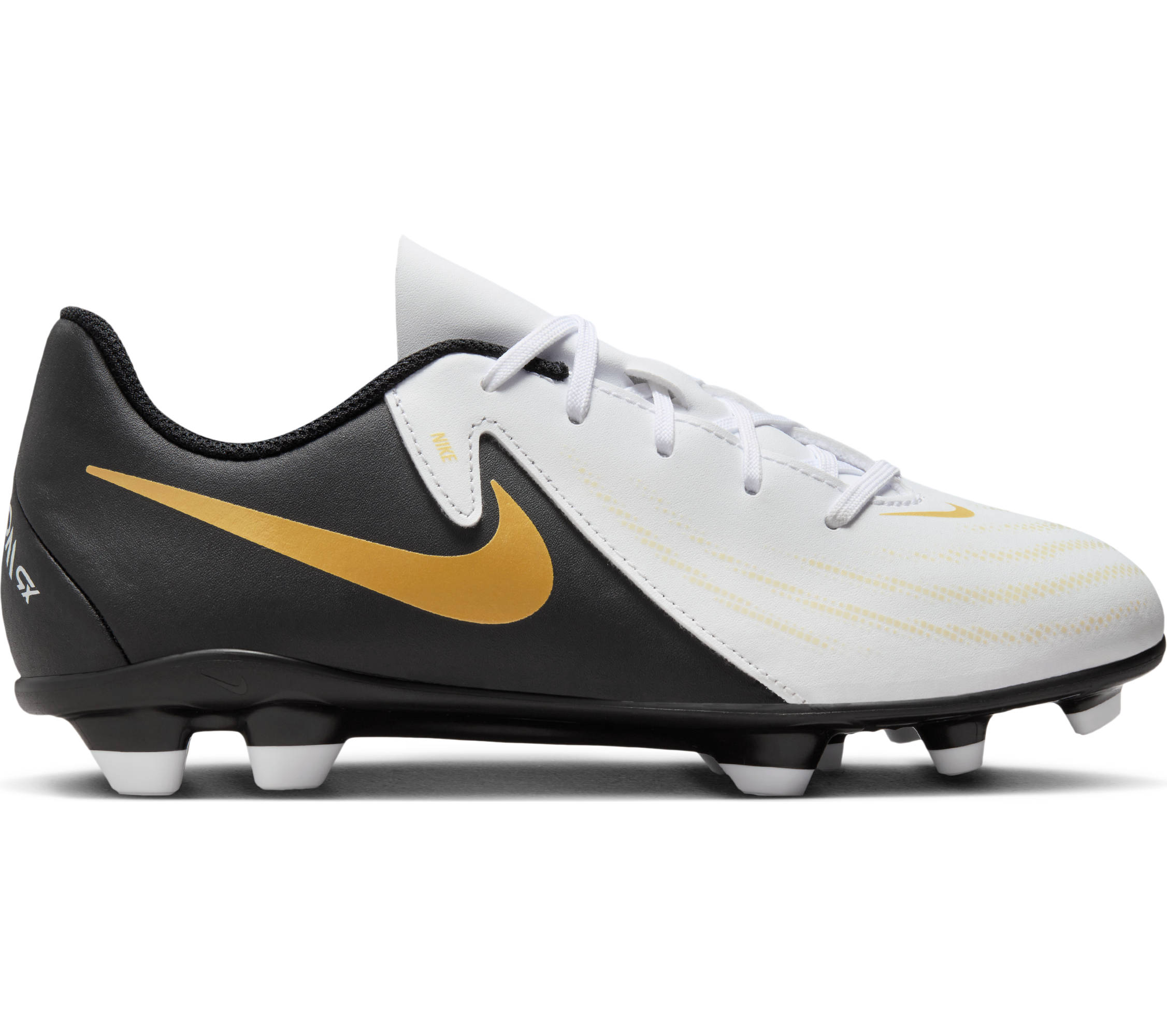 NIKE JR PHANTOM GX II CLUB FG/MG WHITE/BLACK-MTLC GOLD COIN